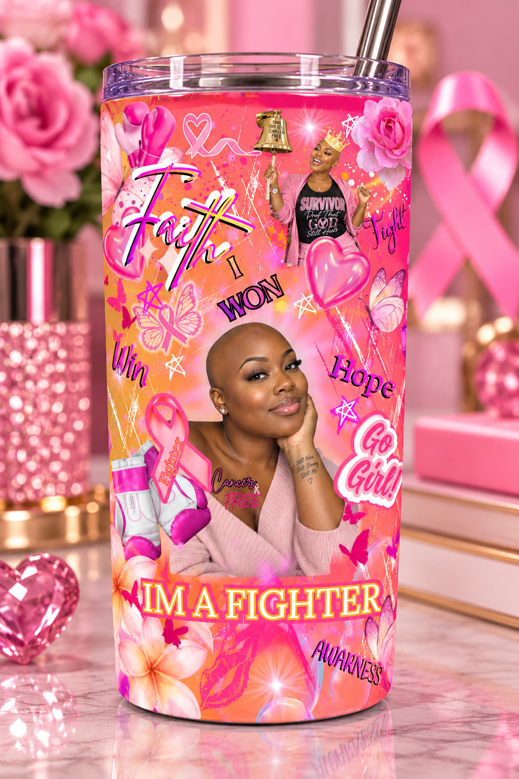 Editable Breast Cancer Awareness Bald Woman Canva Template 🎀