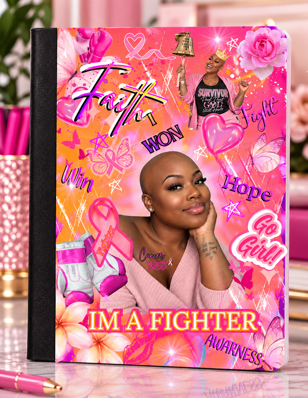 Editable Breast Cancer Awareness Bald Woman Canva Template 🎀
