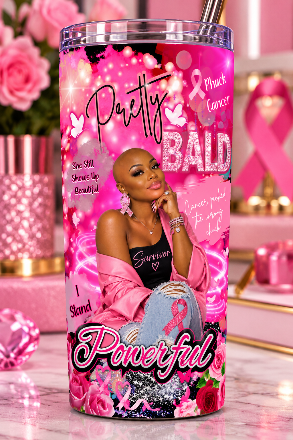 Editable Breast Cancer Awareness Bald Woman Canva Template 🎀