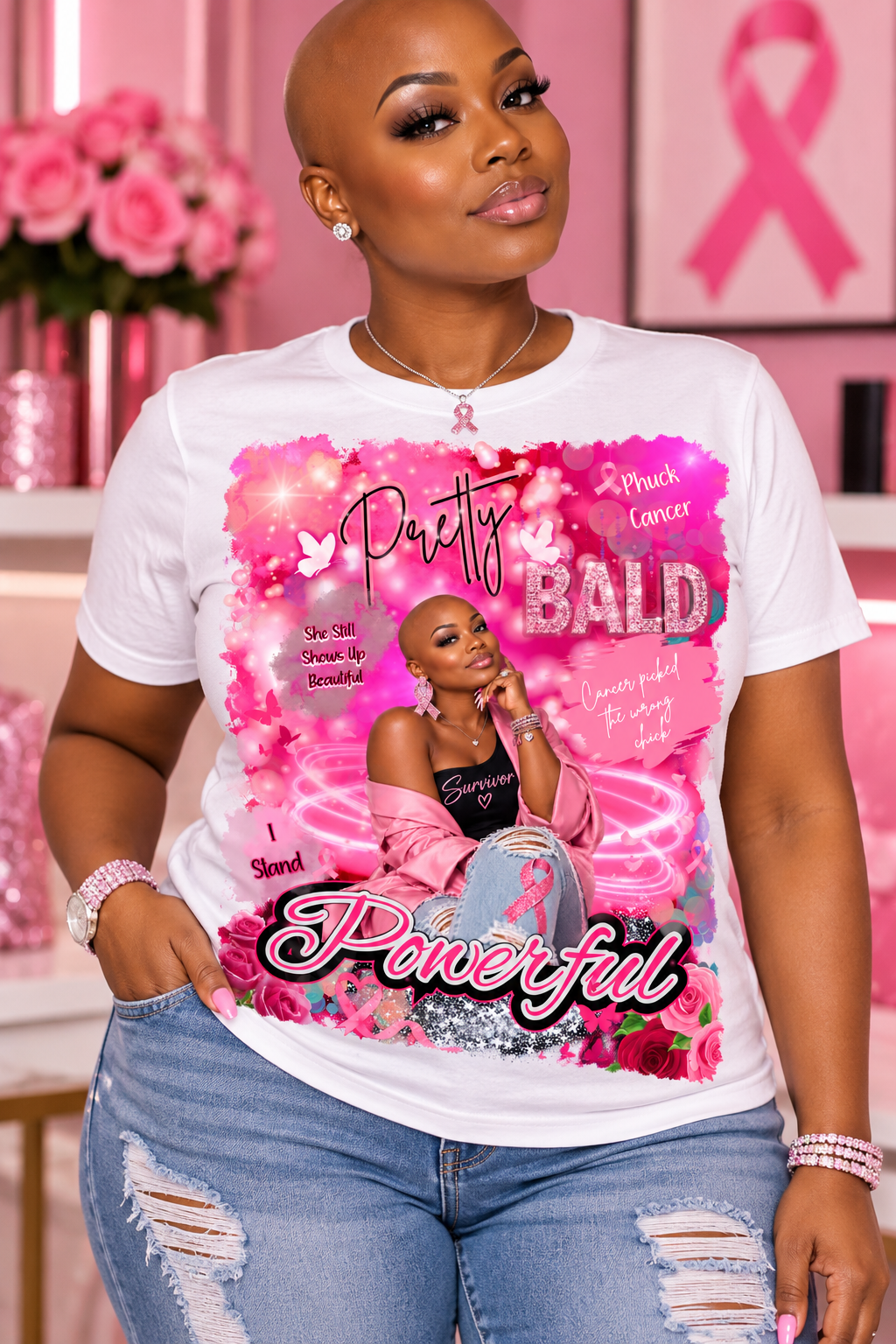 Editable Breast Cancer Awareness Bald Woman Canva Template 🎀